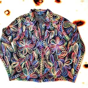 Vtg 90s Multicolor Whimsygoth Avant Garde Floral Embroidered Zip up Jacket